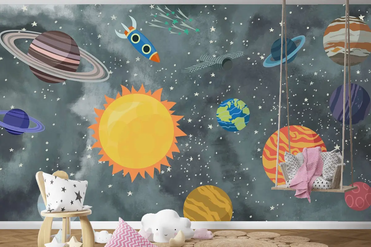 Renkli Uzay Sahnesi ve Roketler Temalı Çocuk Odası Duvar Kağıdı