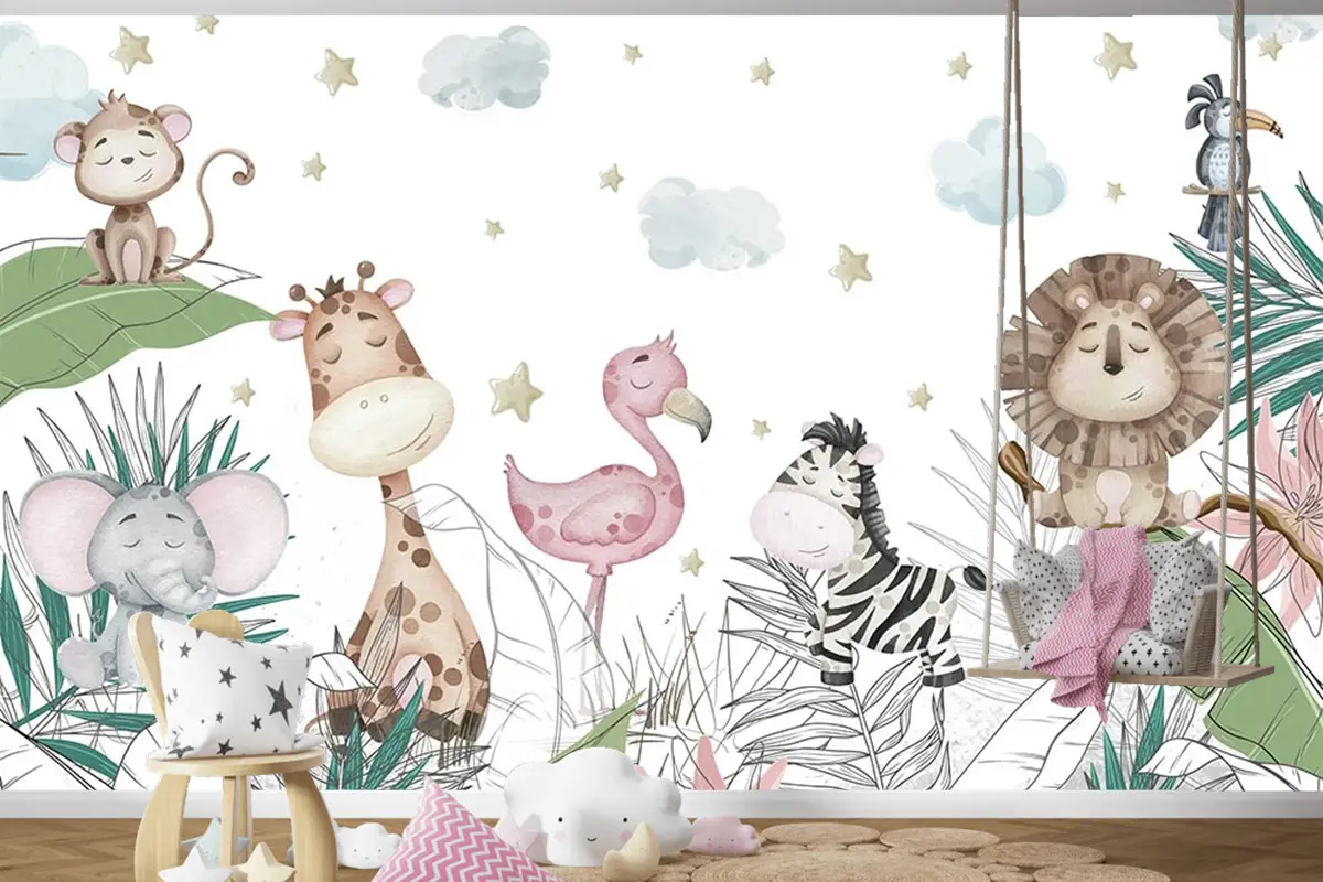 Renkli Yapraklar Sevimli Hayvanlar Çocuk Odası Duvar Kağıdı