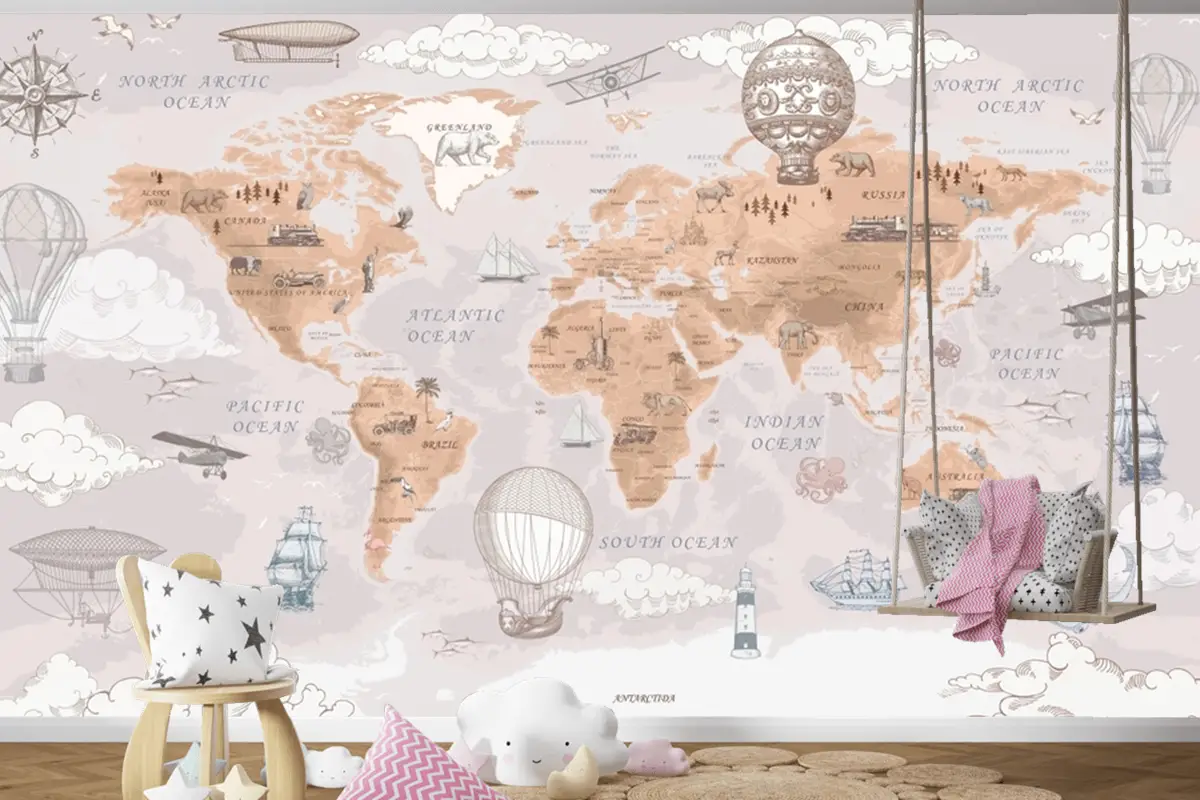 Retro Dünya Haritası Vintage Sıcak Hava Balonları Ve Uçaklar Kahve Çocuk Odası Duvar Kağıdı