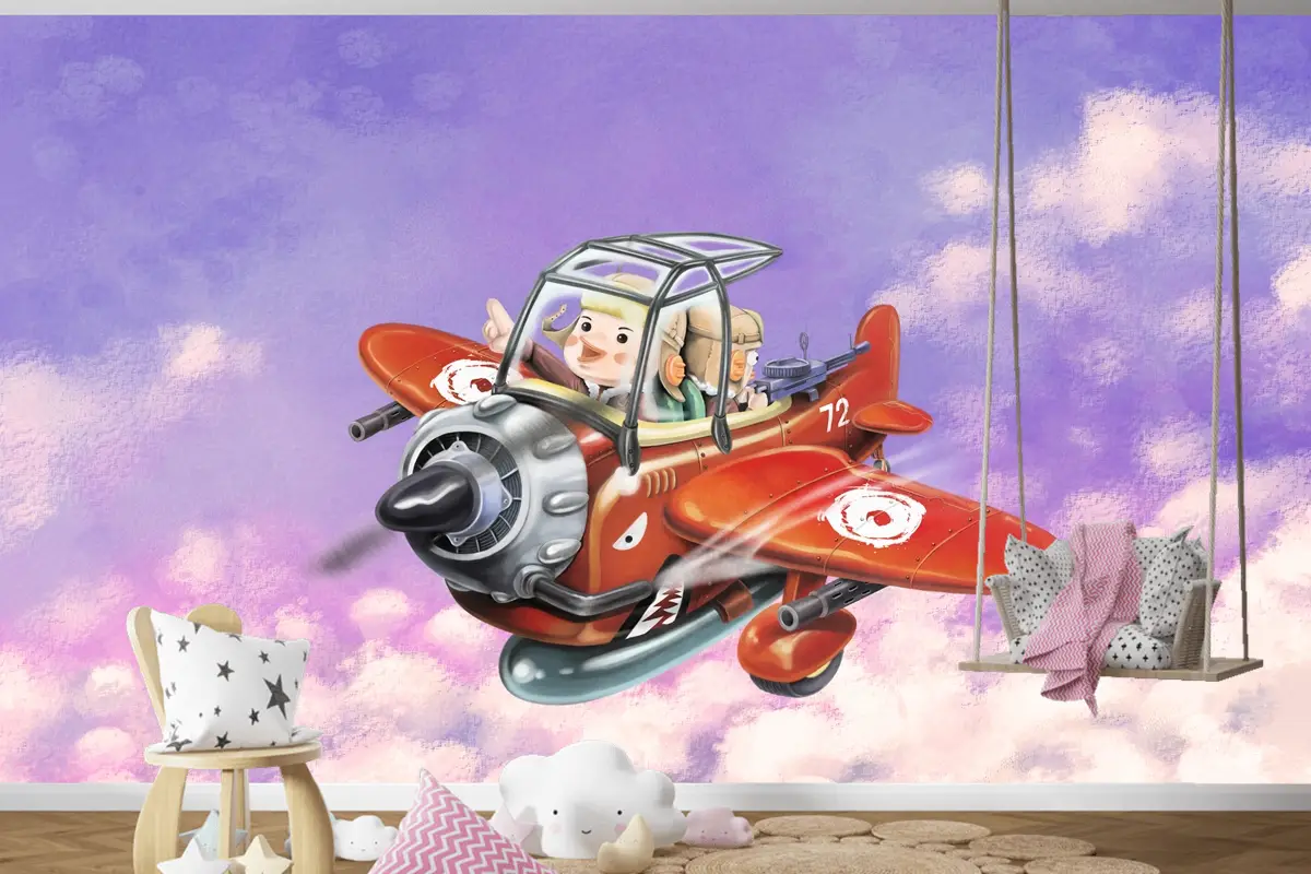 Kırmızı Uçağa Binmek Gökyüzünde Uçmak İki Havacı Çocuk Odası Duvar Kağıdı