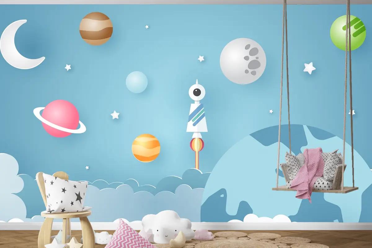 Roket Gezegenler Gibi Çeşitli Gök Nesneleriyle Çevrelenmiş Çocuk Odası Duvar Kağıdı