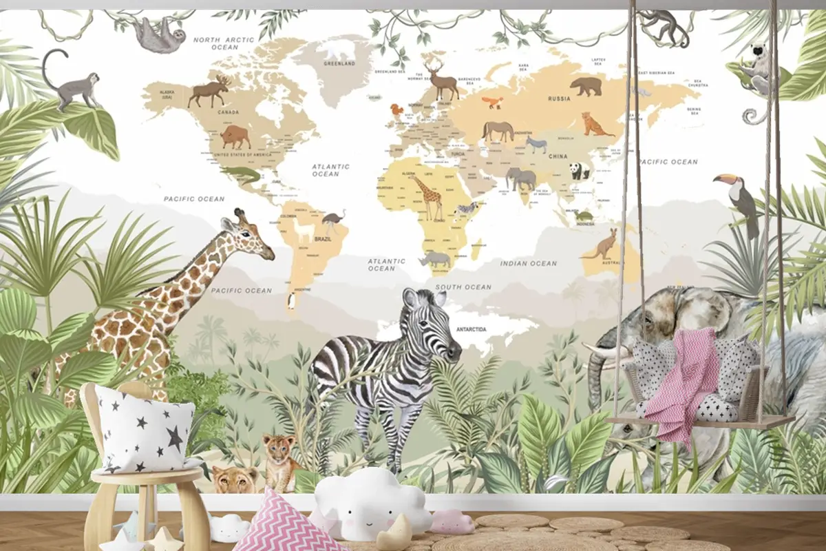 Safari Hayvanları Botanik Yapraklar Dünya Haritası Çocuk Odası Duvar Kağıdı Safari Hayvanları Botanik Yapraklar Dünya Haritası Çocuk Odası Duvar Kağıdı