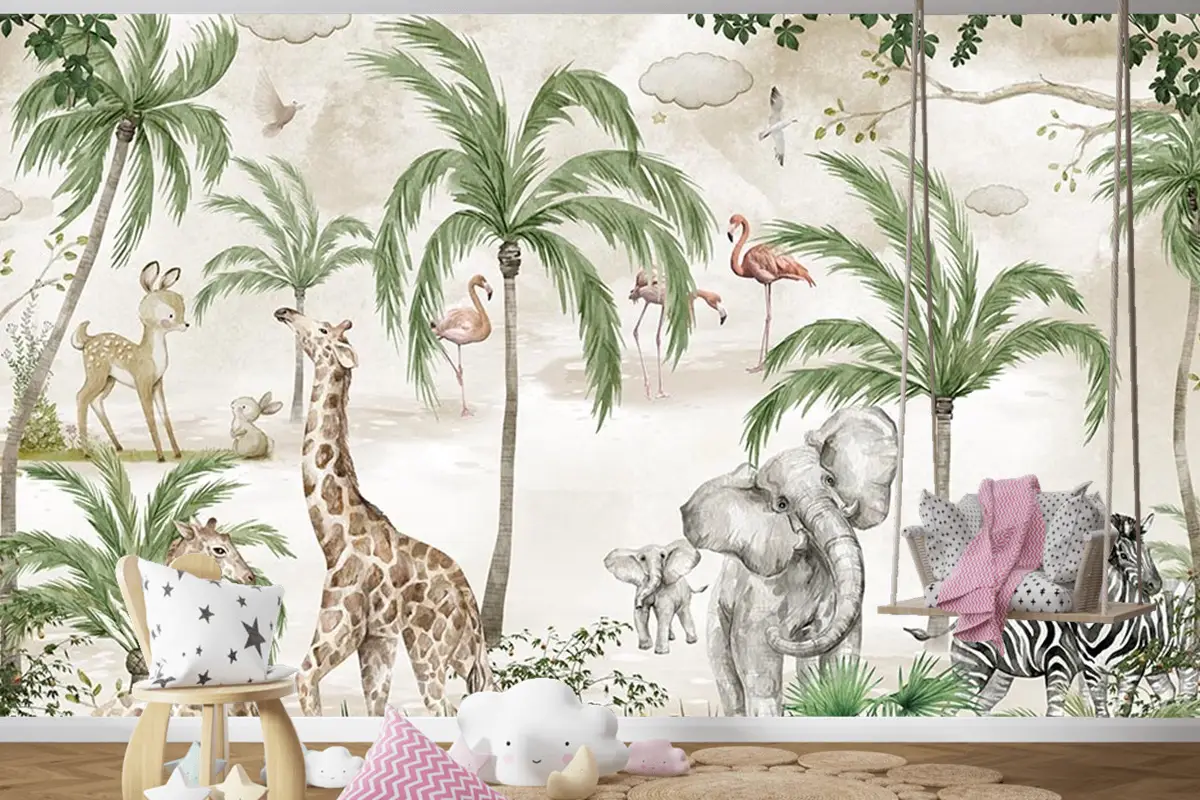 Safari Hayvanları Çocuk Odası Duvar Kağıdı Tropikal Safari Wallpaper