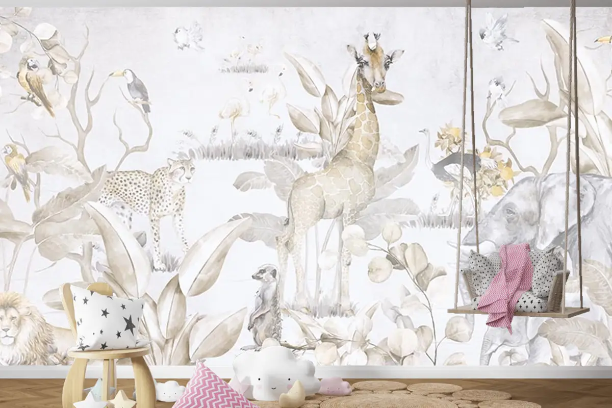 Safari Hayvanları Ve Ağaçlar Çocuk Odası Duvar Kağıdı