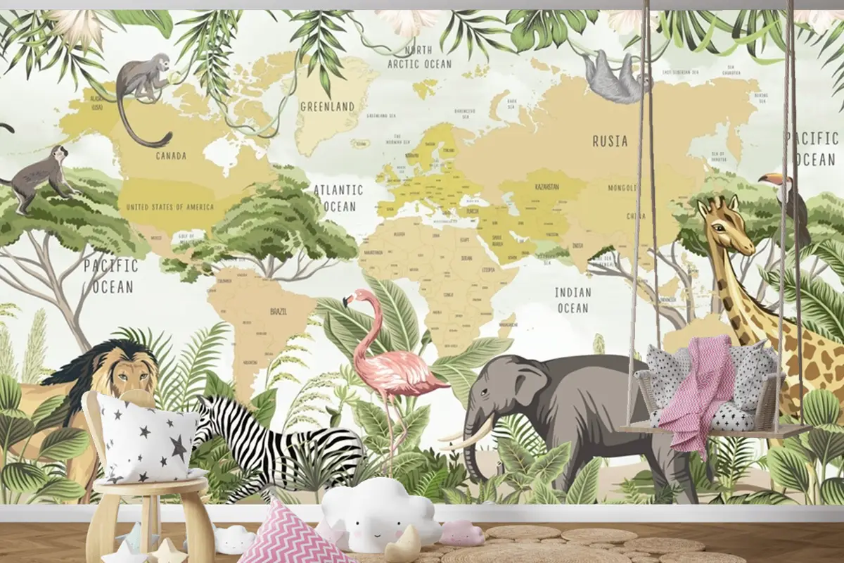 Safari Hayvanları Zürafa Zebra Aslan Flamingo Çocuk Odası Duvar Kağıdı
