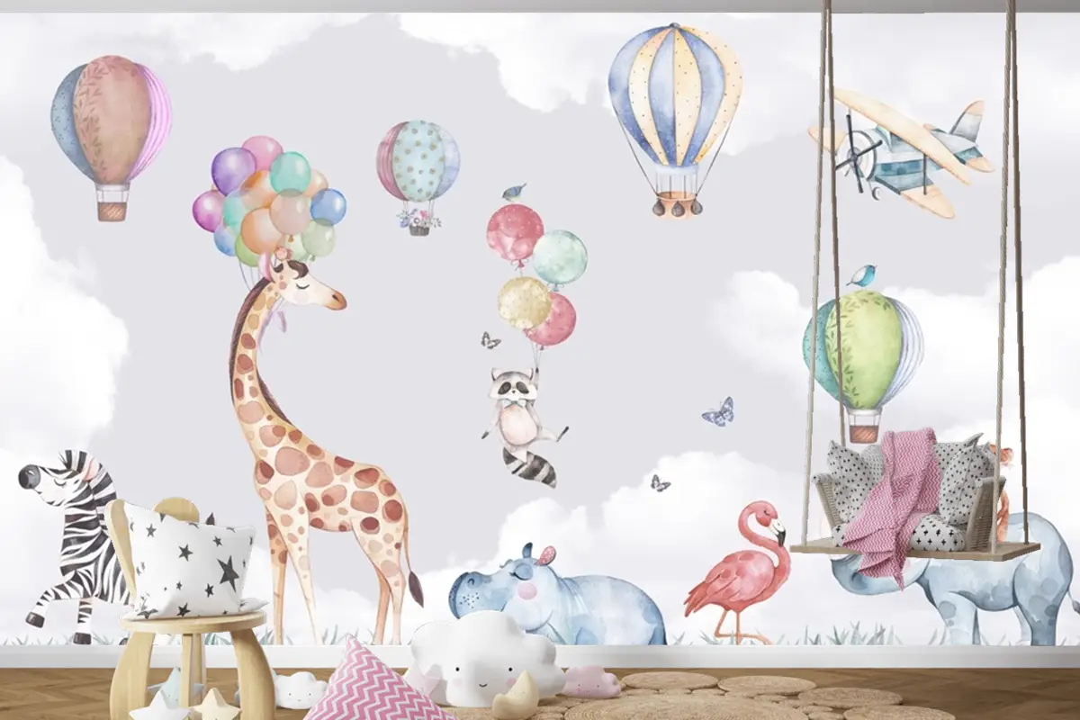Safari Hayvanları Zürafa Zebra Gergedan Flamingo Çocuk Odası Duvar Kağıdı