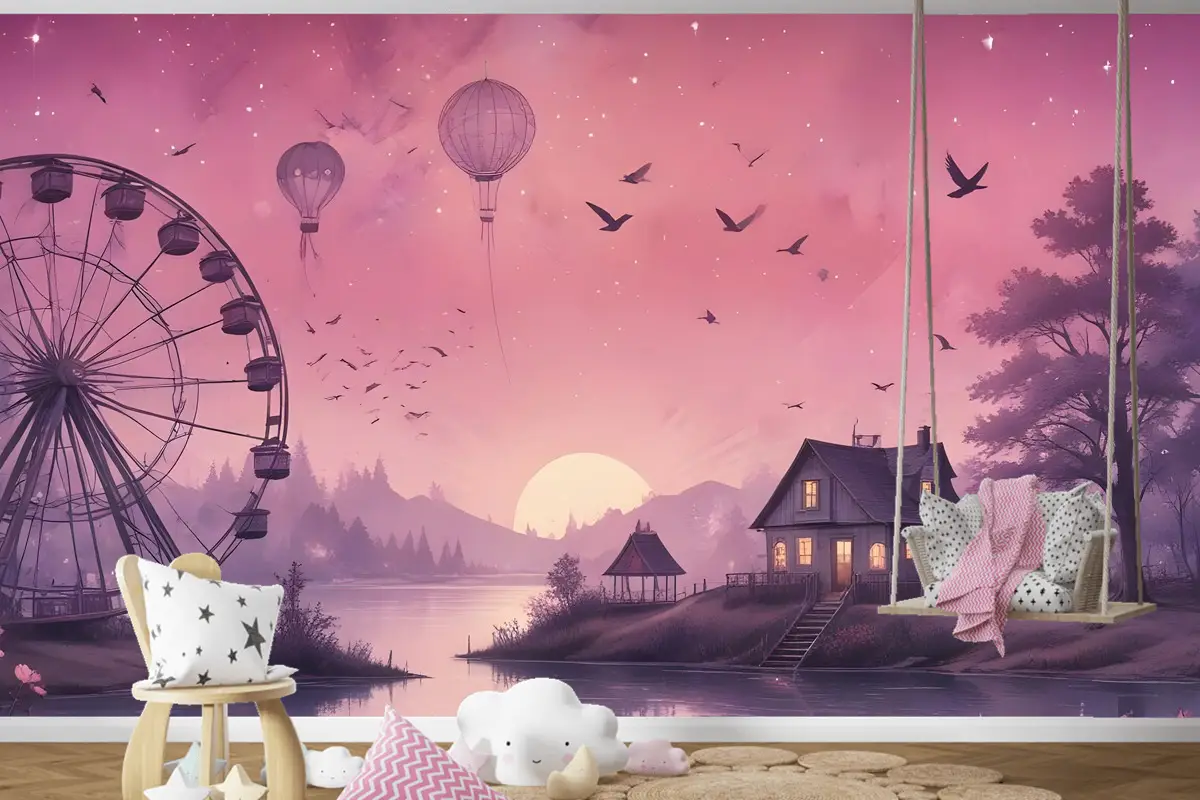 Dönme Dolap Ile Deniz Manzarası Çocuk Odası Duvar Kağıdı