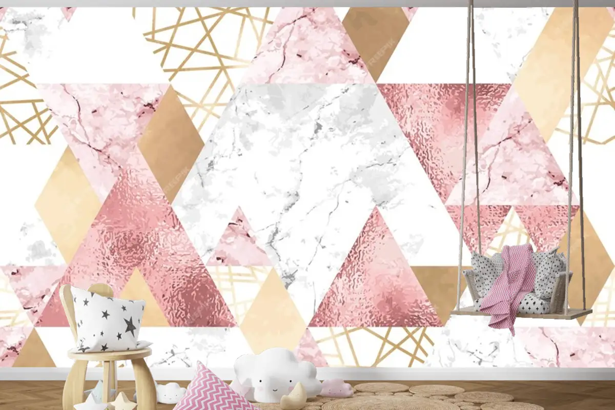 Metalik Çizgilerle Kesintisiz Geometrik Desen Gül Altın Gri Ve Pembe Mermer Üçgenler Çocuk Odası Duvar Kağıdı