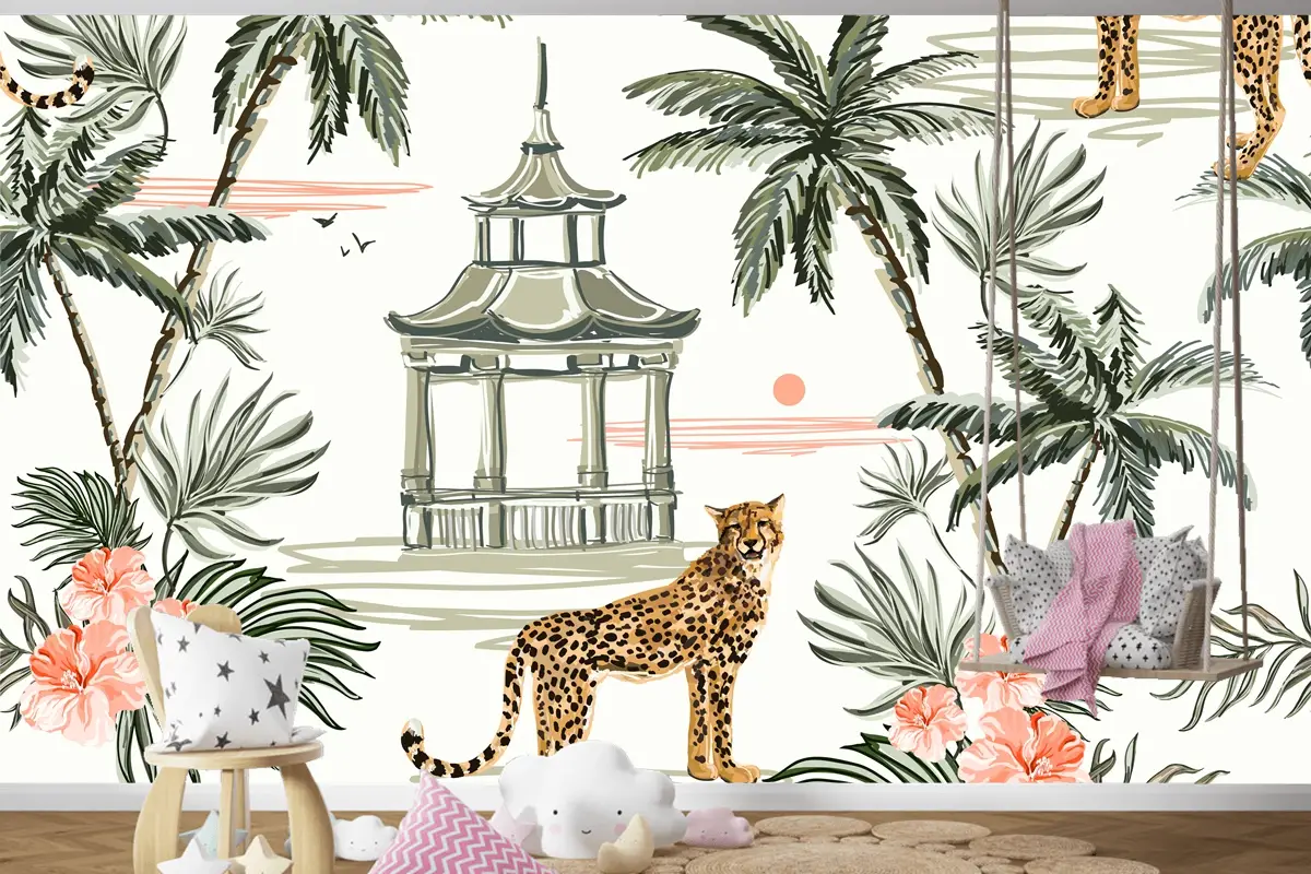 Hindistan Cevizi Palmiye Ağaçları Leopar Çocuk Odası Duvar Kağıdı Ile Dikişsiz Desen Arka Plan