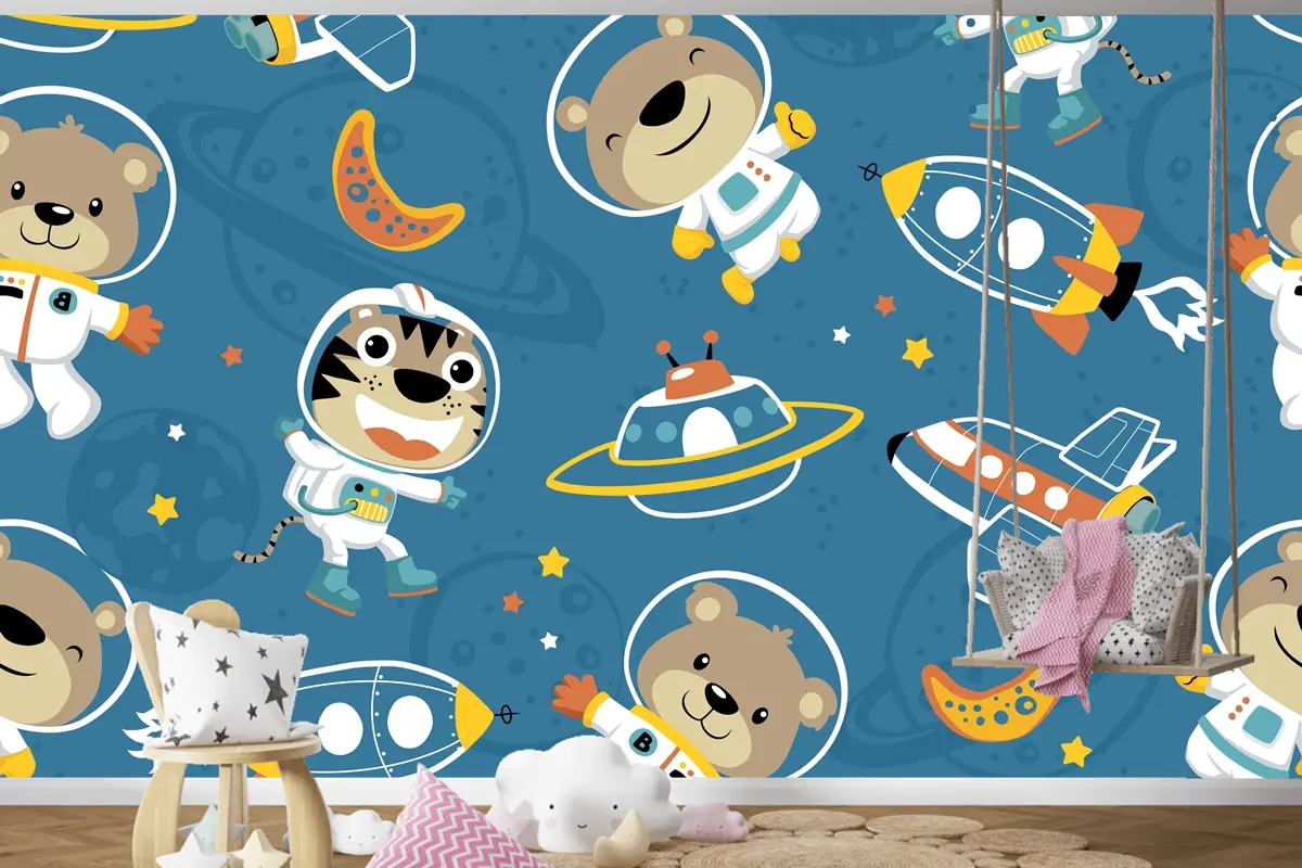 Uzay Taşımacılığındaki Komik Astronotun Kusursuz Deseni Çocuk Odası Duvar Kağıdı
