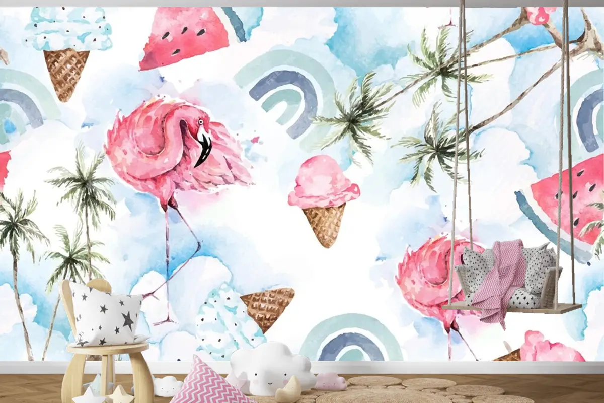 Dikişsiz Desen Palmiye Ağacı Ve Flamingo Çocuk Odası Duvar Kağıdı