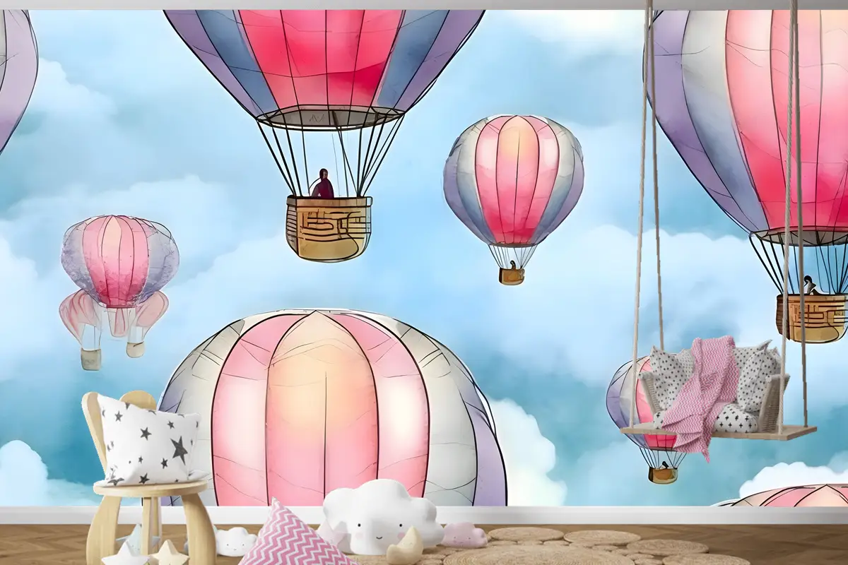 Gökyüzünde Renkli Sıcak Hava Balonları Ile Kusursuz Desen Çocuk Odası Duvar Kağıdı