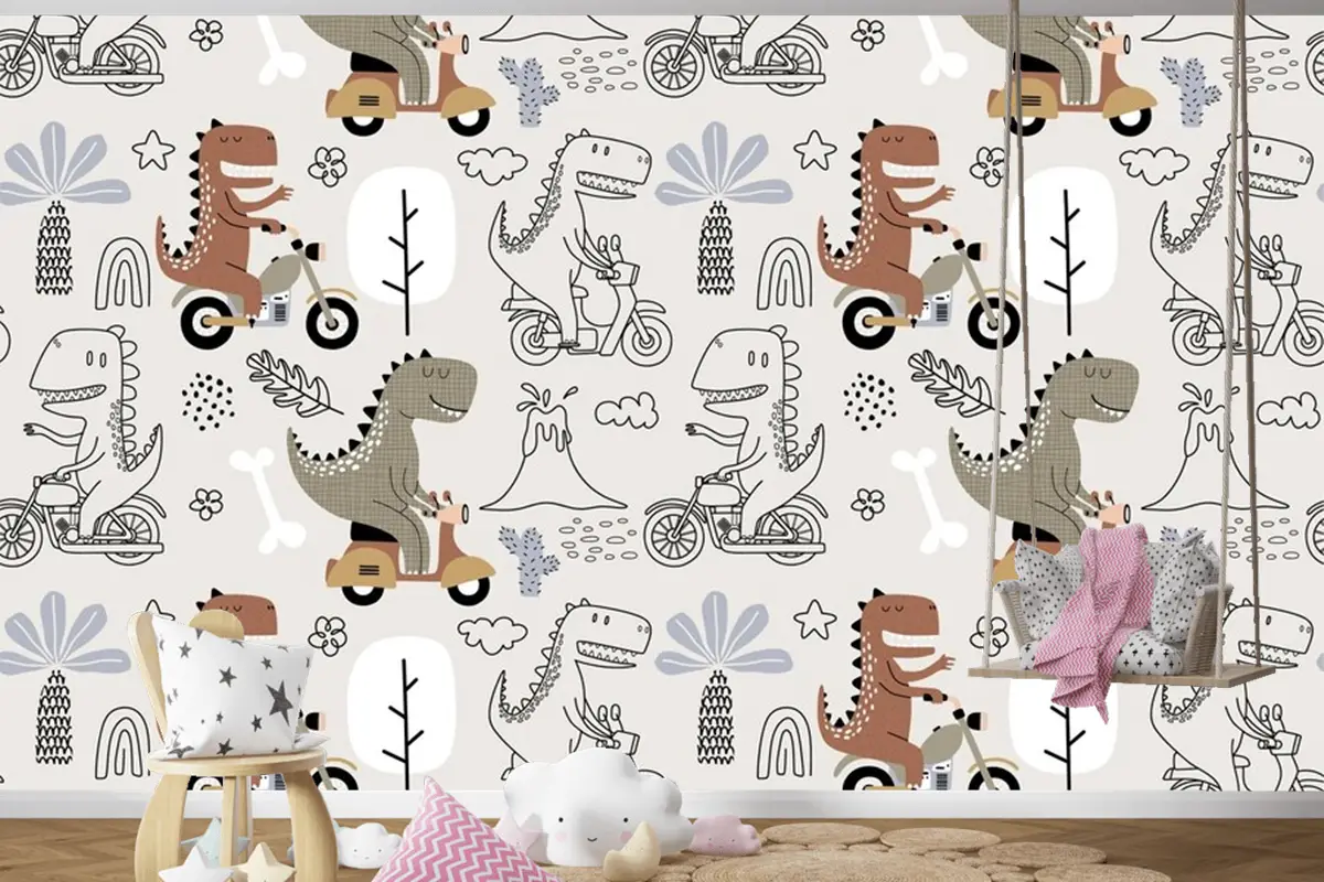 Sevimli Dinozorun Motosiklete Bindiği Kusursuz Desen Çocuk Odası Duvar Kağıdı