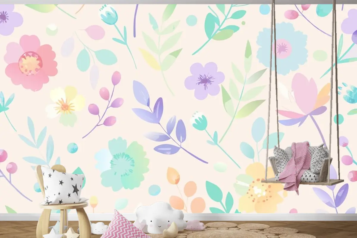 Pastel Renklerde Çiçekler Ve Yapraklarla Kusursuz Desen Çocuk Odası Duvar Kağıdı