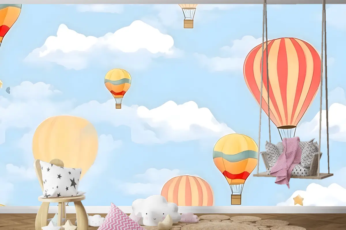 Gökyüzünde Sıcak Hava Balonları Ile Dikişsiz Desen Çocuk Odası Duvar Kağıdı