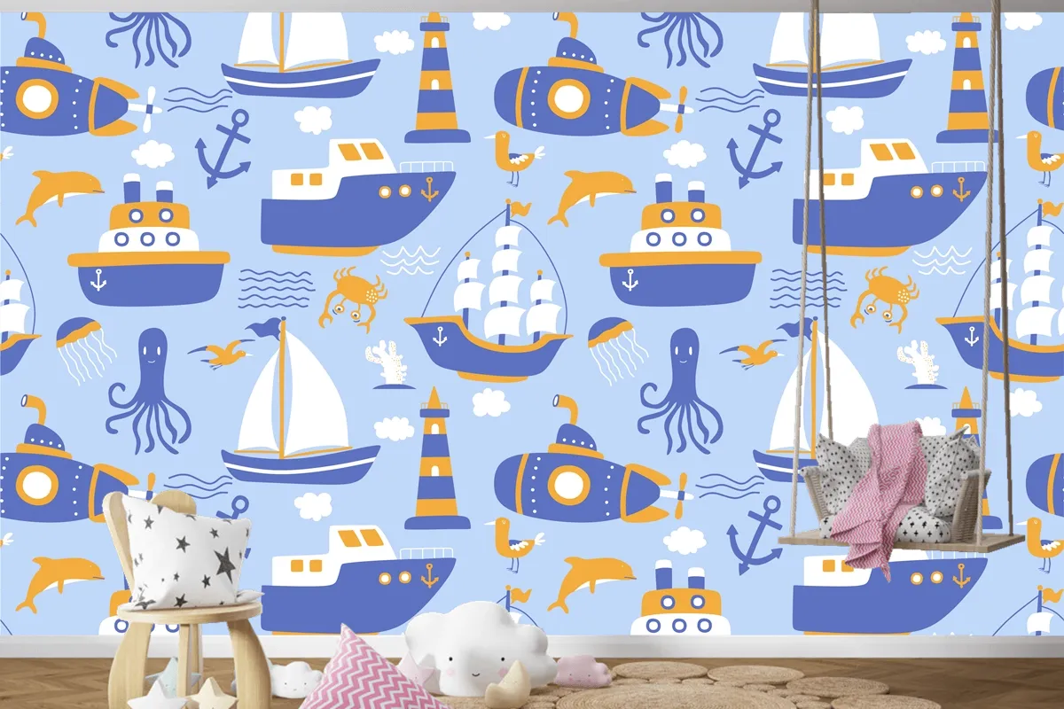 Gemiler Ile Seamless Modeli Çocuk Odası Duvar Kağıdı