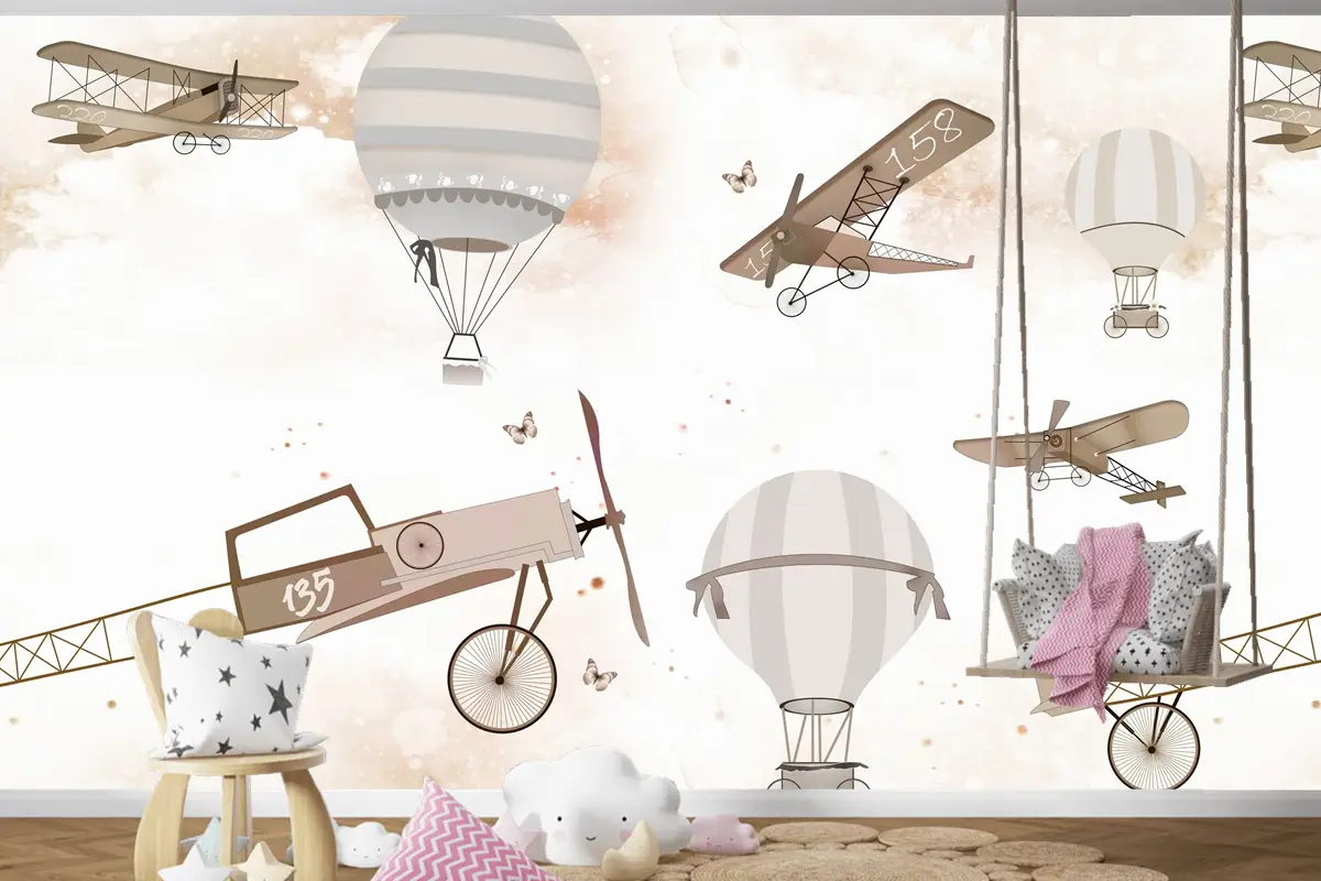 Sepya Uçaklar ve Sıcak Hava Balonları Temalı Çocuk Odası Duvar Kağıdı
