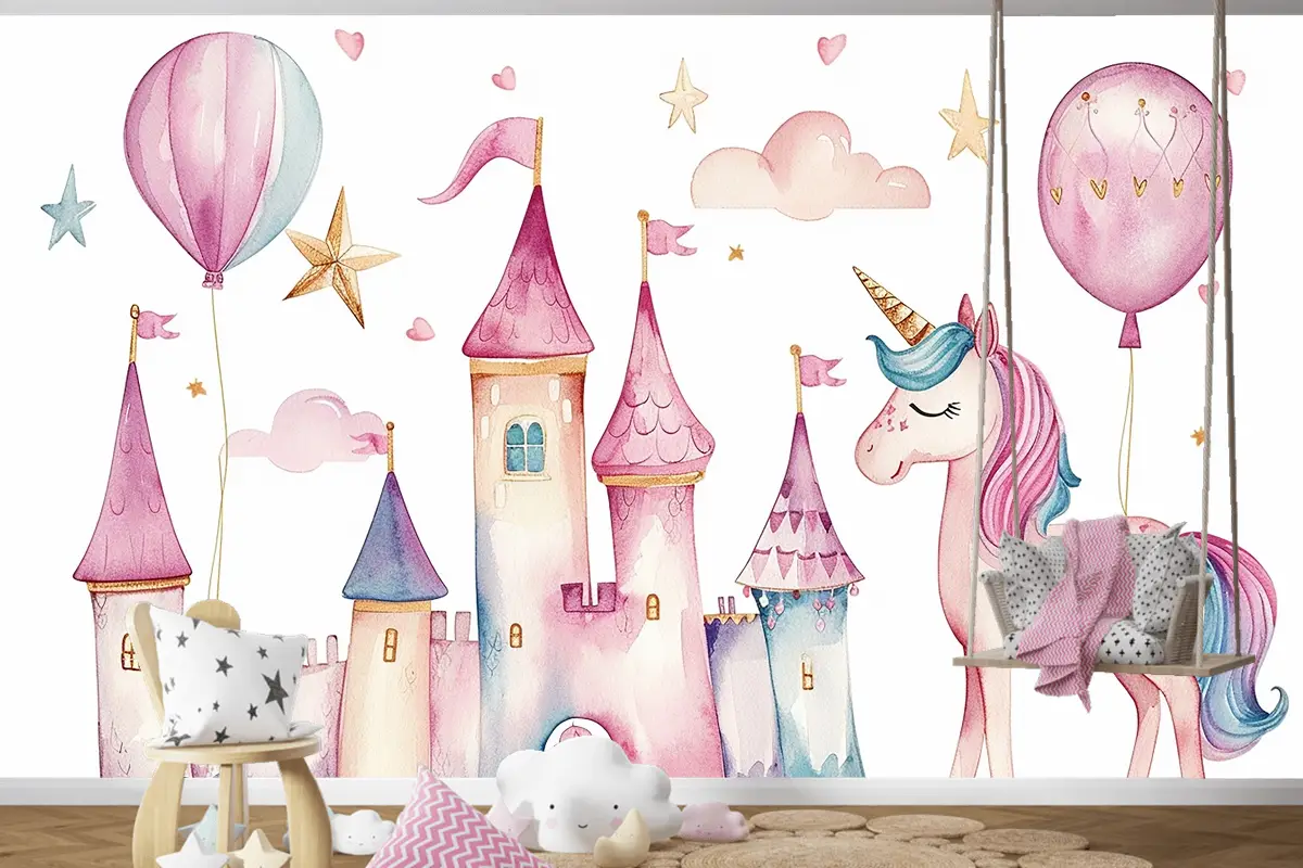 Çocuklar İçin Sevimli Suluboya Krallık Tek Boynuzlu At Ve Kale Seti Doğum Günü Partisi Çocuk Odası Duvar Kağıdı