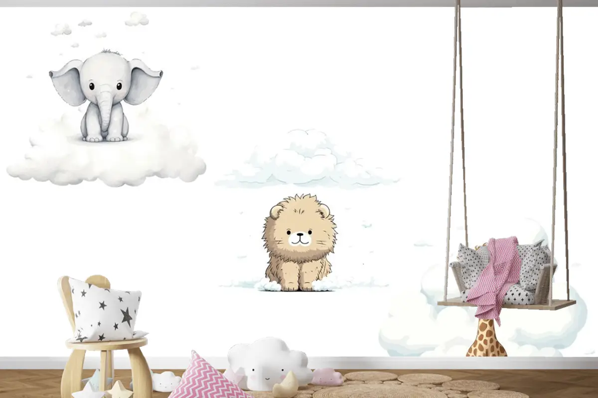Sute Bebek Komik Hayvanlar Fil Zürafa Aslan Çocuk Odası Duvar Kağıdı Seti