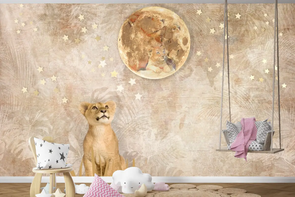 Sevimli Aslan Yavru Hayvan Altın Ay Yıldızlar Bebek Çocuk Odası Duvar Kağıdı