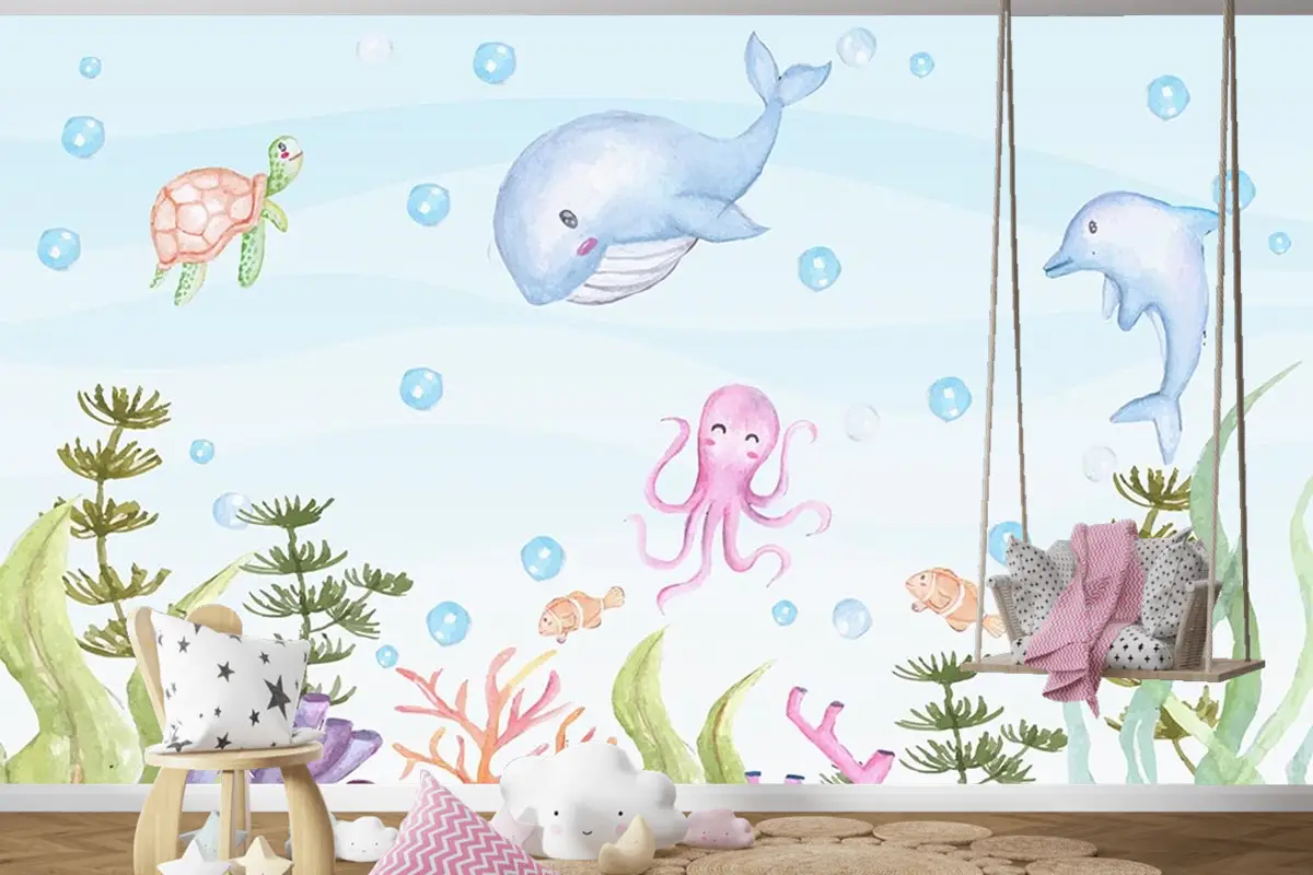 Sevimli Deniz Canlıları Balıklar Çocuk Odası Duvar Kağıdı