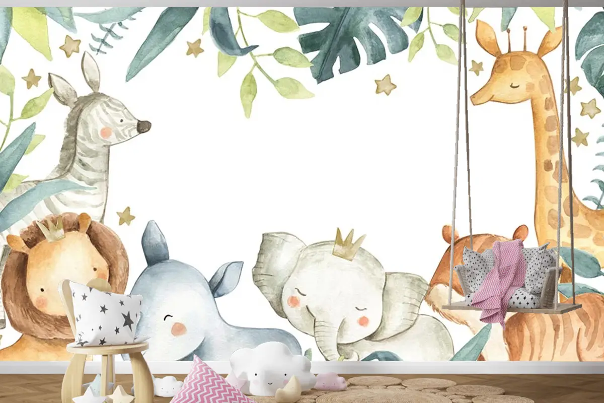 Sevimli Hayvanlar Tropikal Yapraklar Çocuk Odası Duvar Kağıdı