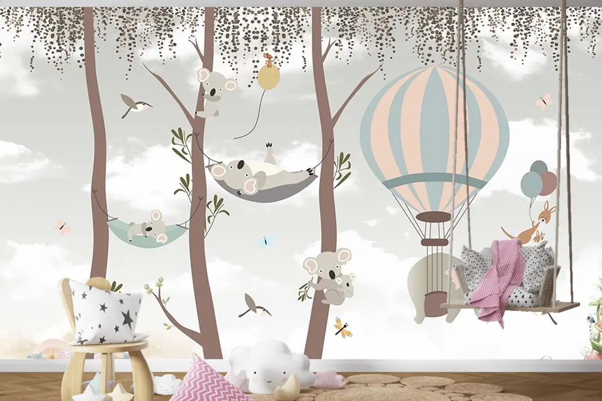 Sevimli Koalalar Ve Uçan Balonlar Çocuk Odası Duvar Kağıdı