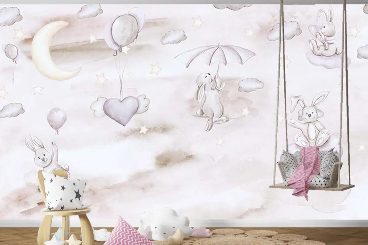 Sevimli Tavşanlar Bulutların Üzerinde Çocuk Odası Duvar Kağıdı