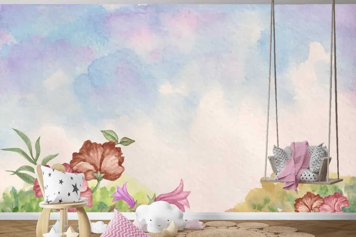Gökyüzü Görünümü Suluboya Manzara Arka Plan Çiçekli Çocuk Odası Duvar Kağıdı
