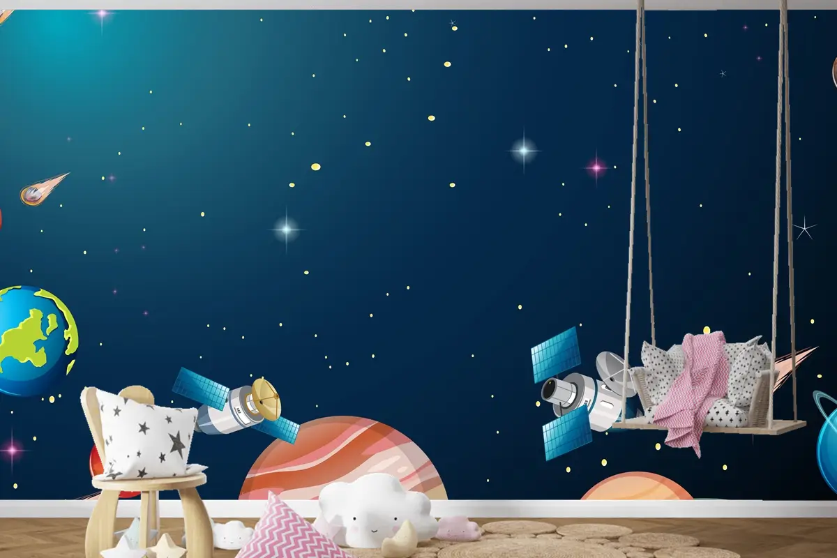 Güneş Sistemi Evren Sahne Çocuk Odası Duvar Kağıdı