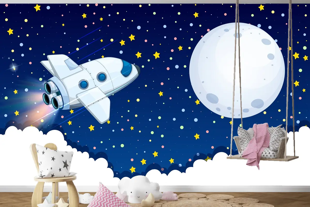 Aya Uçan Uzay Gemisi Çocuk Odası Duvar Kağıdı