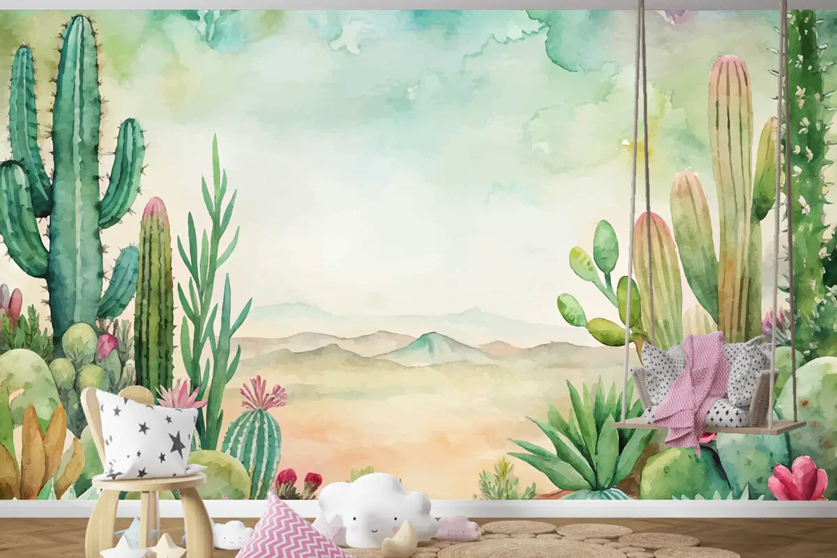 Etli Ve Kaktüs Suluboya Arka Plan Çocuk Odası Duvar Kağıdı