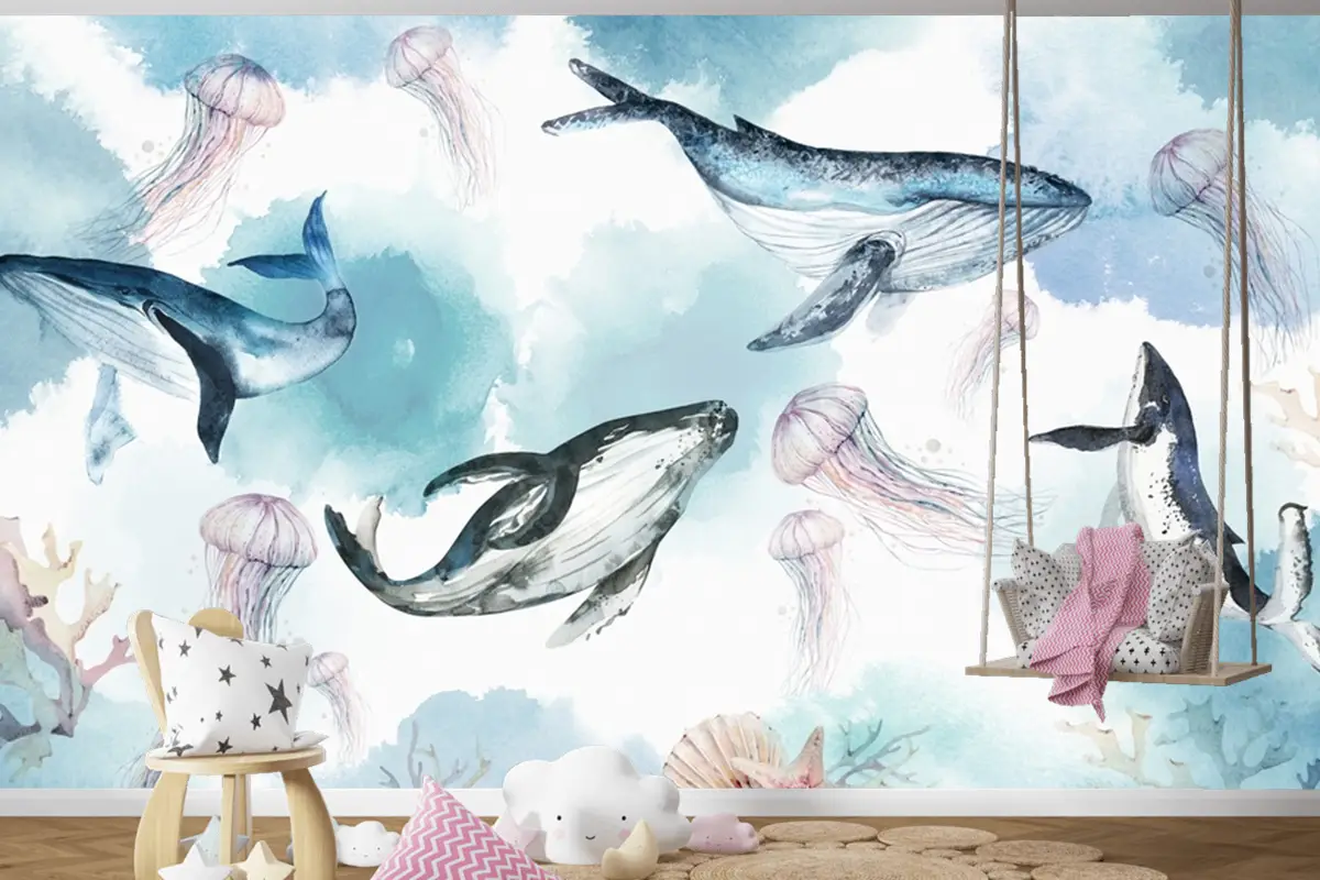 Suluboya Balinalar Deniz Yaşamı Çocuk Odası Duvar Kağıdı