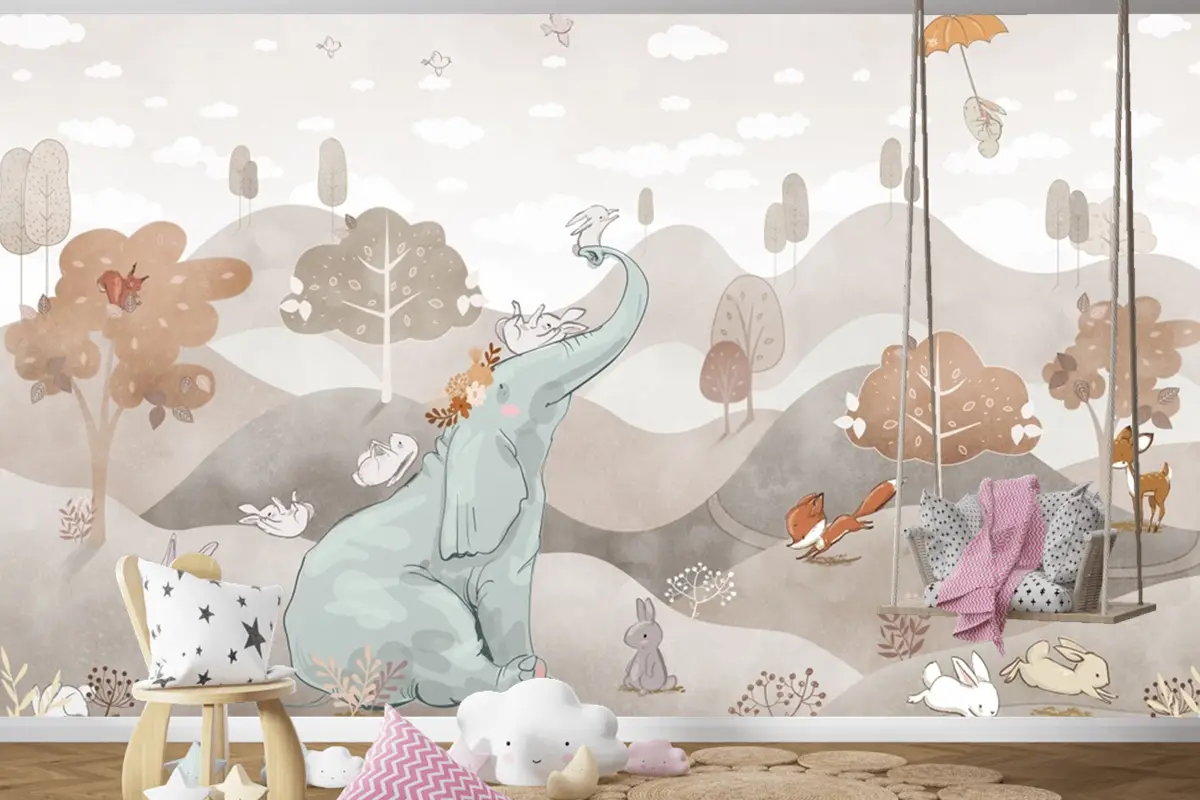 Suluboya Fil Tilki Geyik Çocuk Odası Duvar Kağıdı