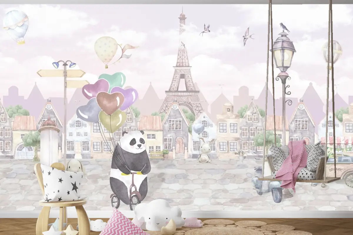 Suluboya Paris Sokağı Eski Şehir Bisikletli Panda Çocuk Bebek Odası Duvar Kağıdı