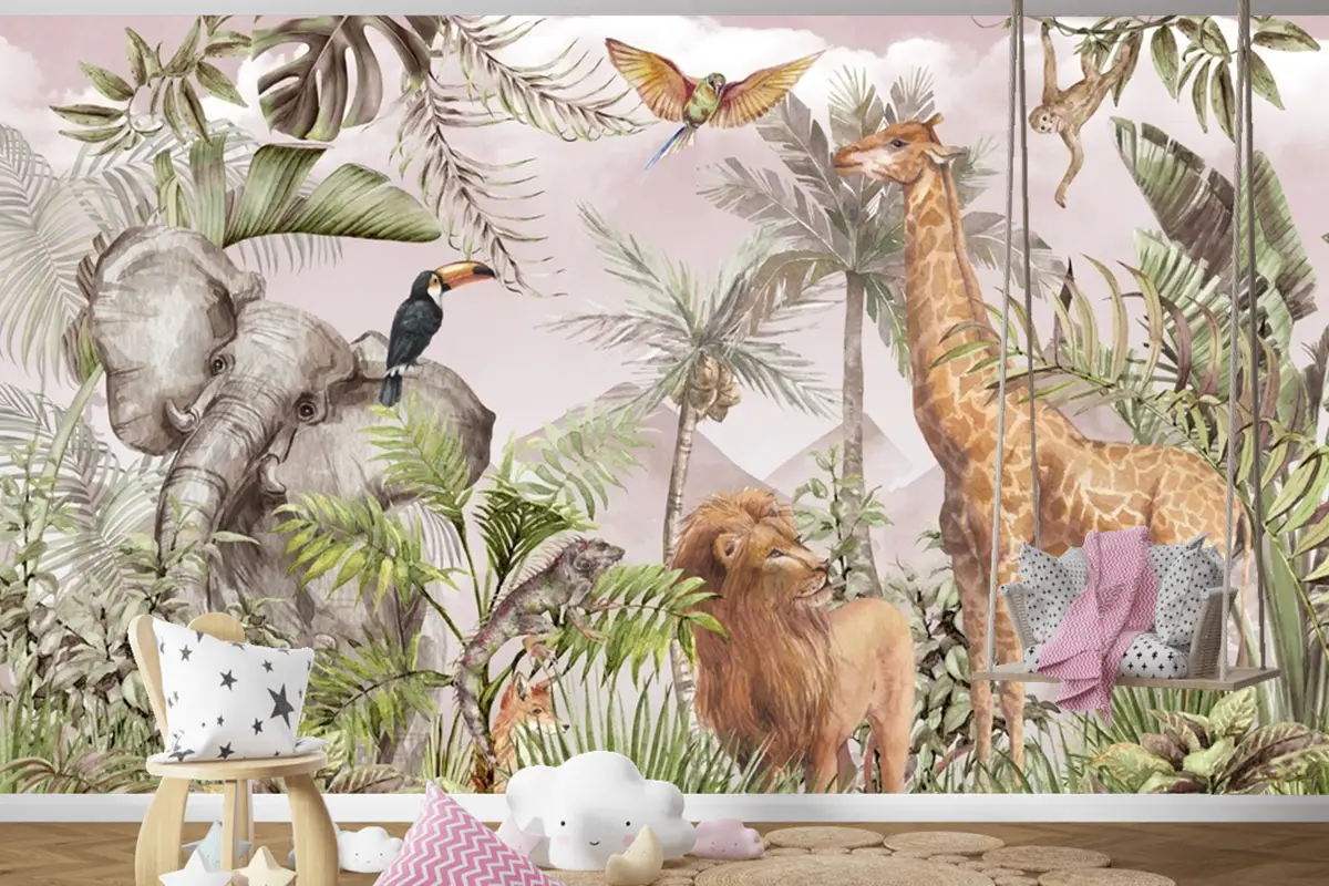 Suluboya Tropikal Orman Hayvanları Çocuk Odası Duvar Kağıdı