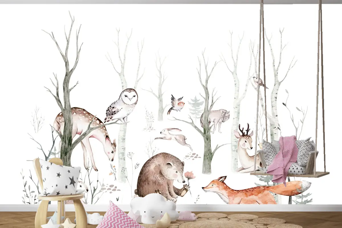 Tilki Geyik Ayı ve Orman Hayvanları Çocuk Odası Duvar Kağıdı