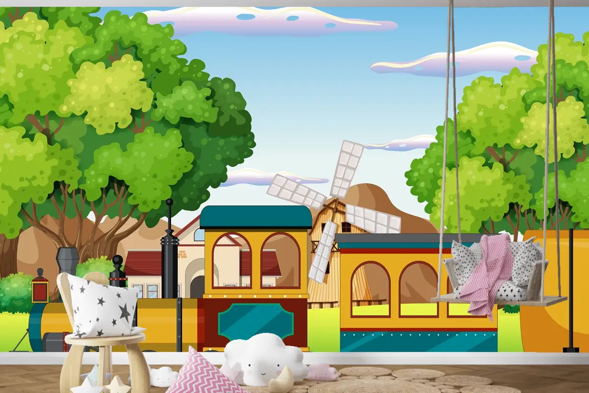 Doğal Sahneli Tren Çocuk Odası Duvar Kağıdı