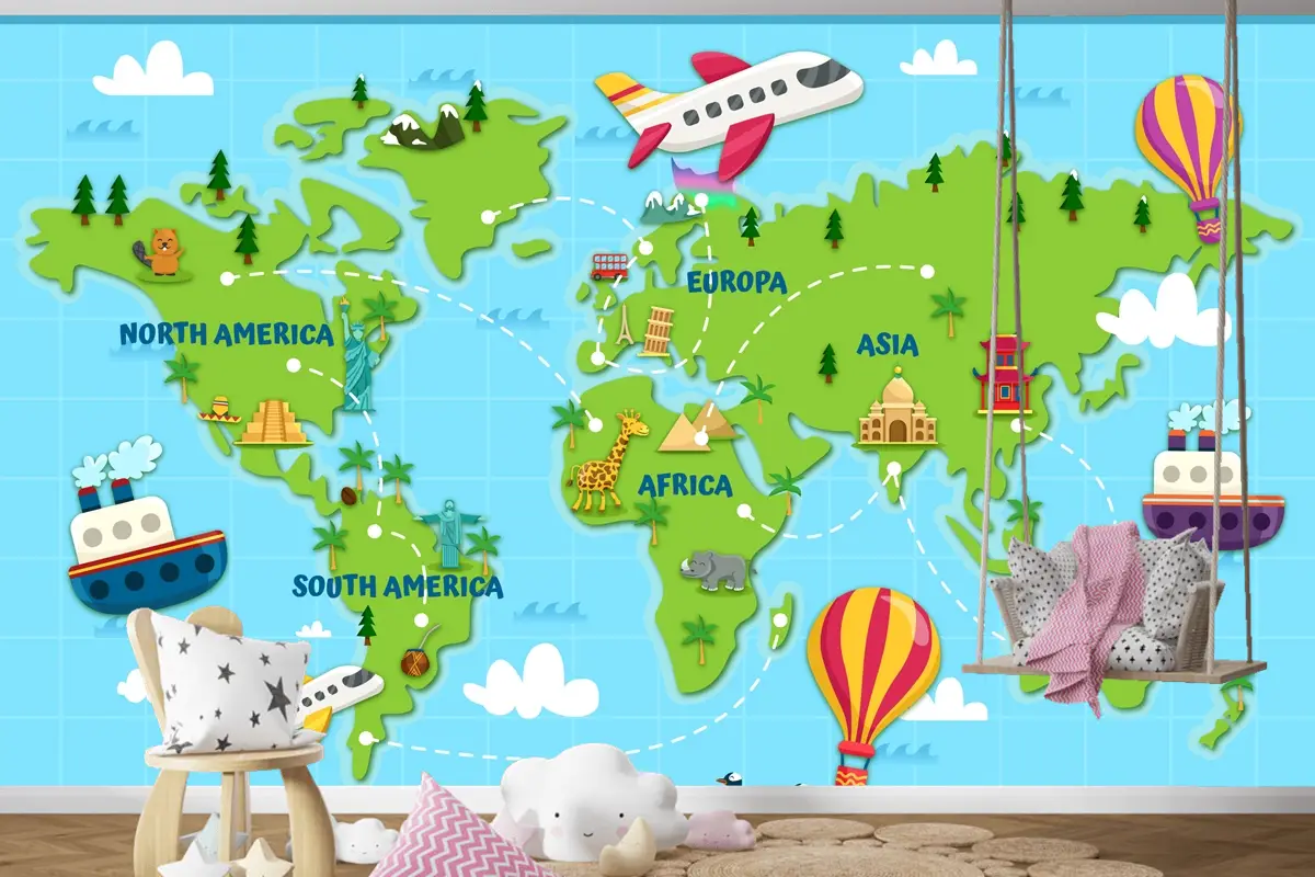 Dünyayı Seyahat Dünya Haritası Çocuk Odası Duvar Kağıdı 