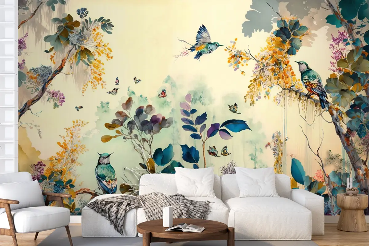 Tropikal Kuşlar Sarı Temalı Duvar Kağıdı