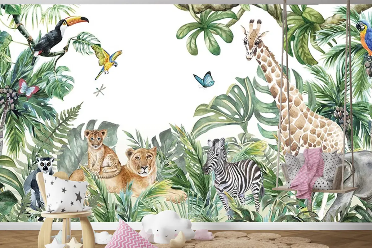 Tropikal Safari Hayvanlari Çocuk Odası Duvar Kağıdı