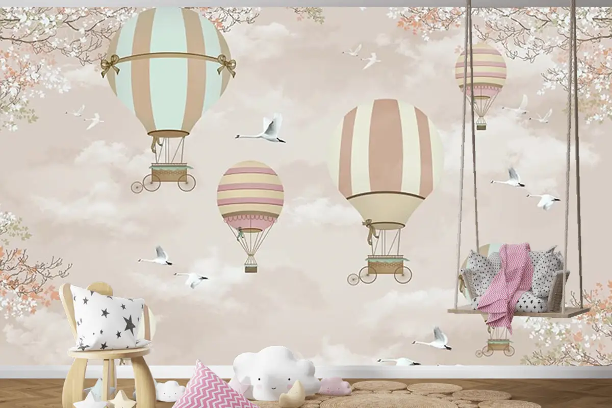 Uçan Balonlar  Çiçekler Ve Kuşlar Çocuk Odası Duvar Kağıdı