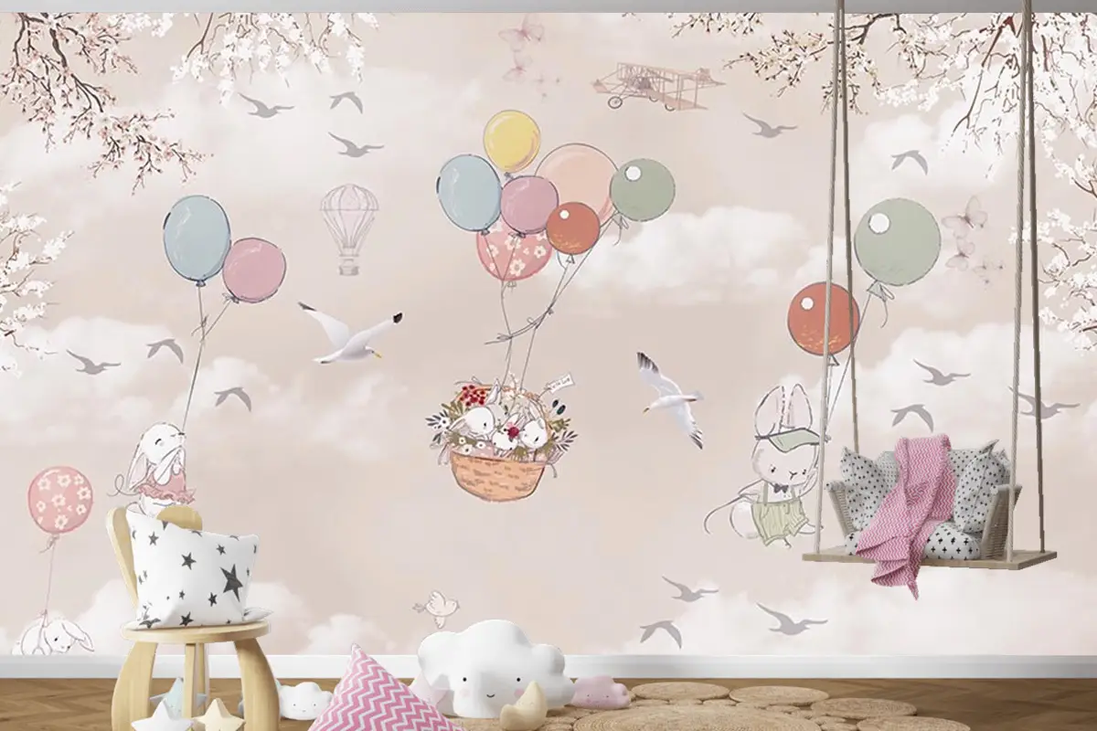 Uçan Balonlar Ve Sevimli Tavşanlar Çocuk Odası Duvar Kağıdı