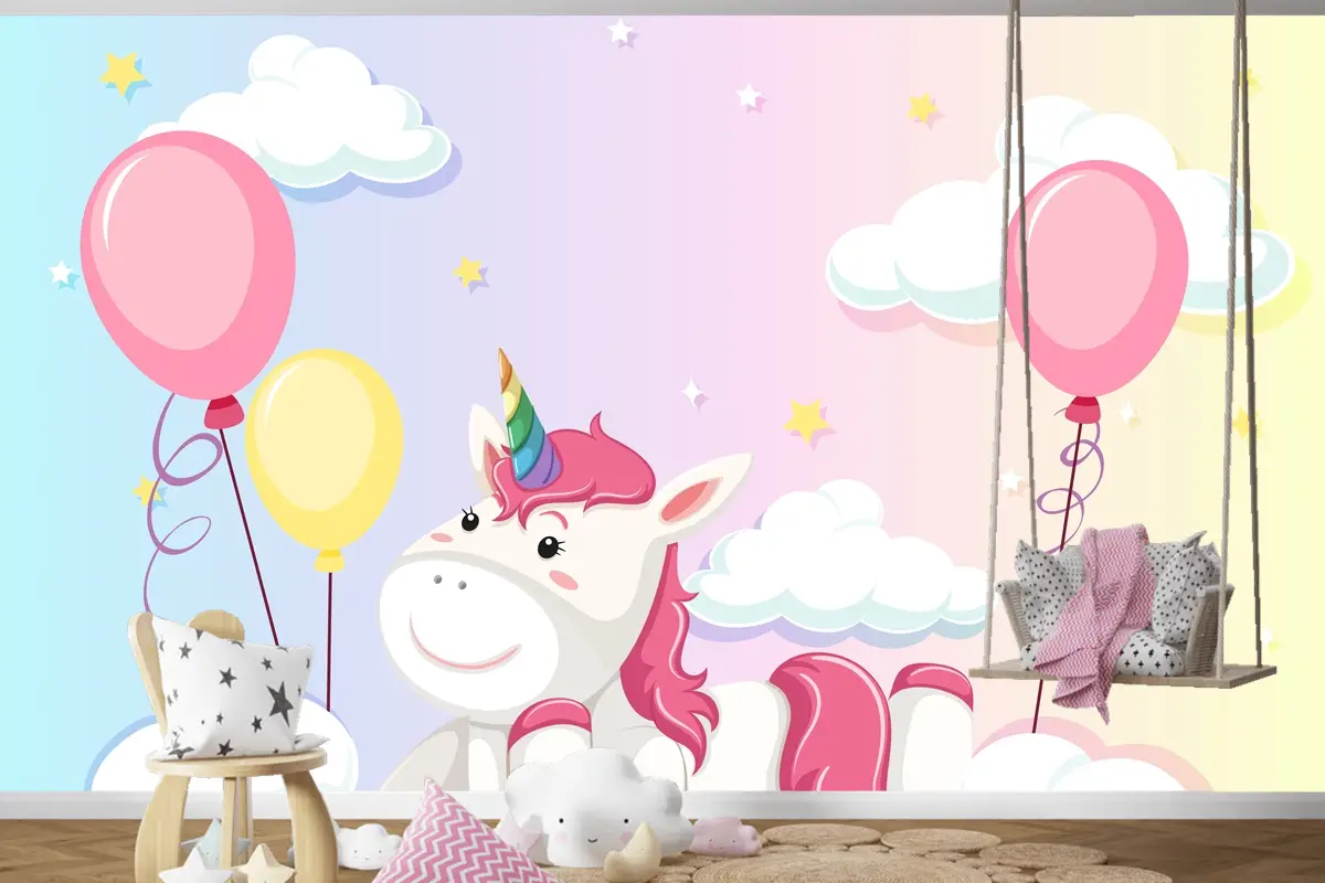 Tek Boynuzlu At Renkli Pastel Gökyüzü Arka Planında Bulutun Üzerinde Yatıyordu Çocuk Odası Duvar Kağıdı