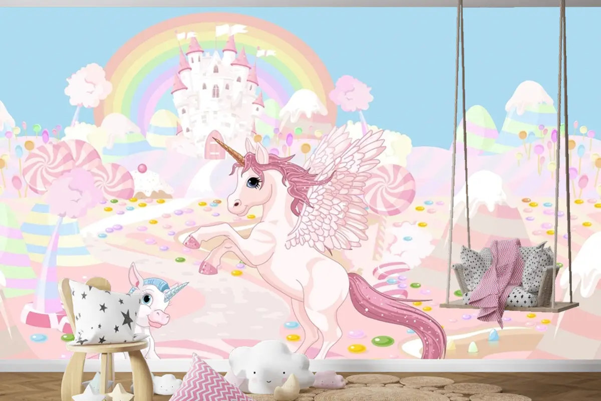 Unicorn Ve Gökkuşağı Duvar Sanatı Çocuk Odası Duvar Kağıdı Unicorn Ve Gökkuşağı Duvar Sanatı Çocuk Odası Duvar Kağıdı