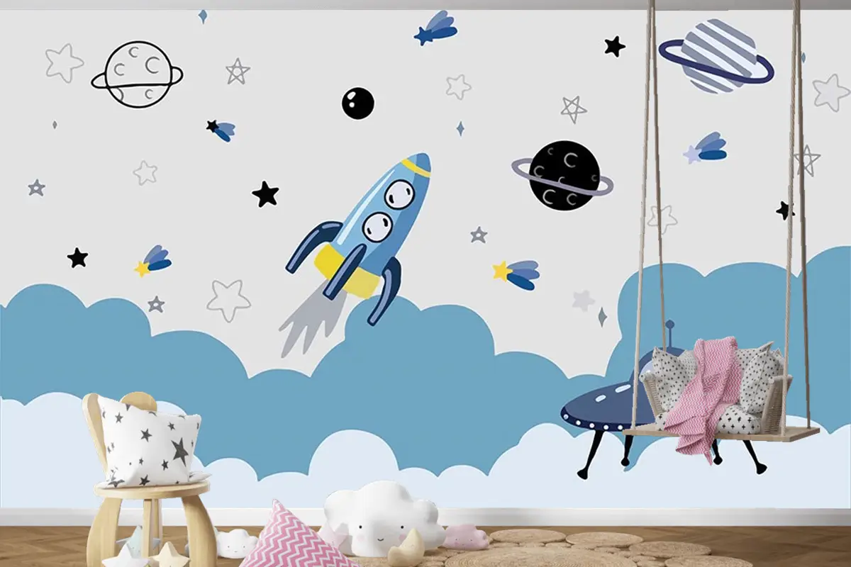 Uzay Temalı Çocuk Odası Duvar Kağıdı Astronot Çocuk Odası Duvar Kağıdı