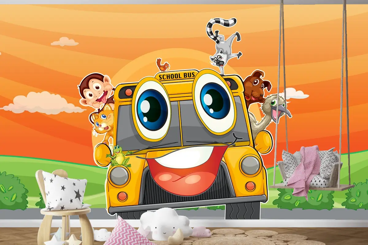 Okul Otobüsünde Çeşitli Hayvanlar Çocuk Odası Duvar Kağıdı