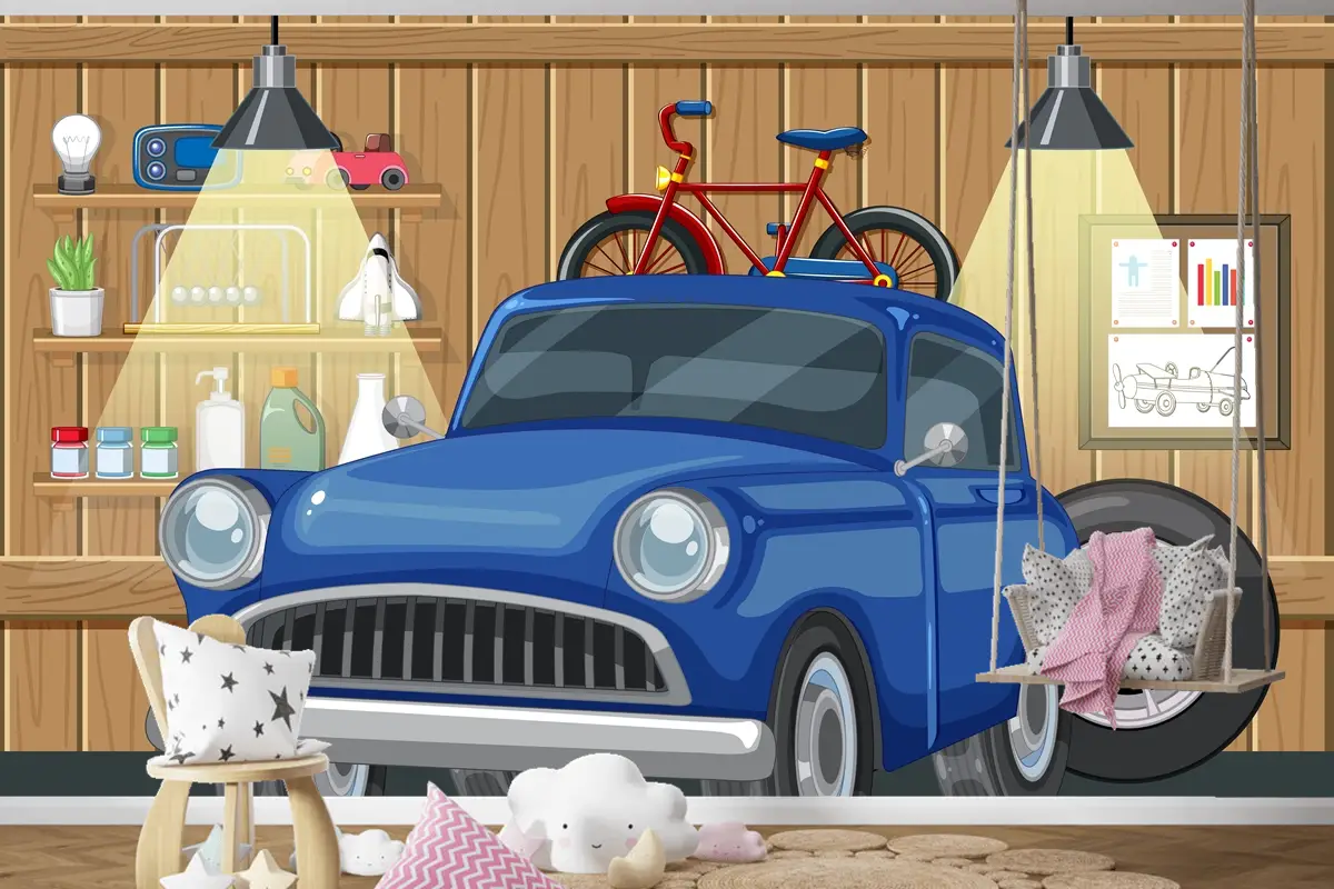 Ahşap Garajda Eski Model Araba Ve Bisiklet Çocuk Odası Duvar Kağıdı