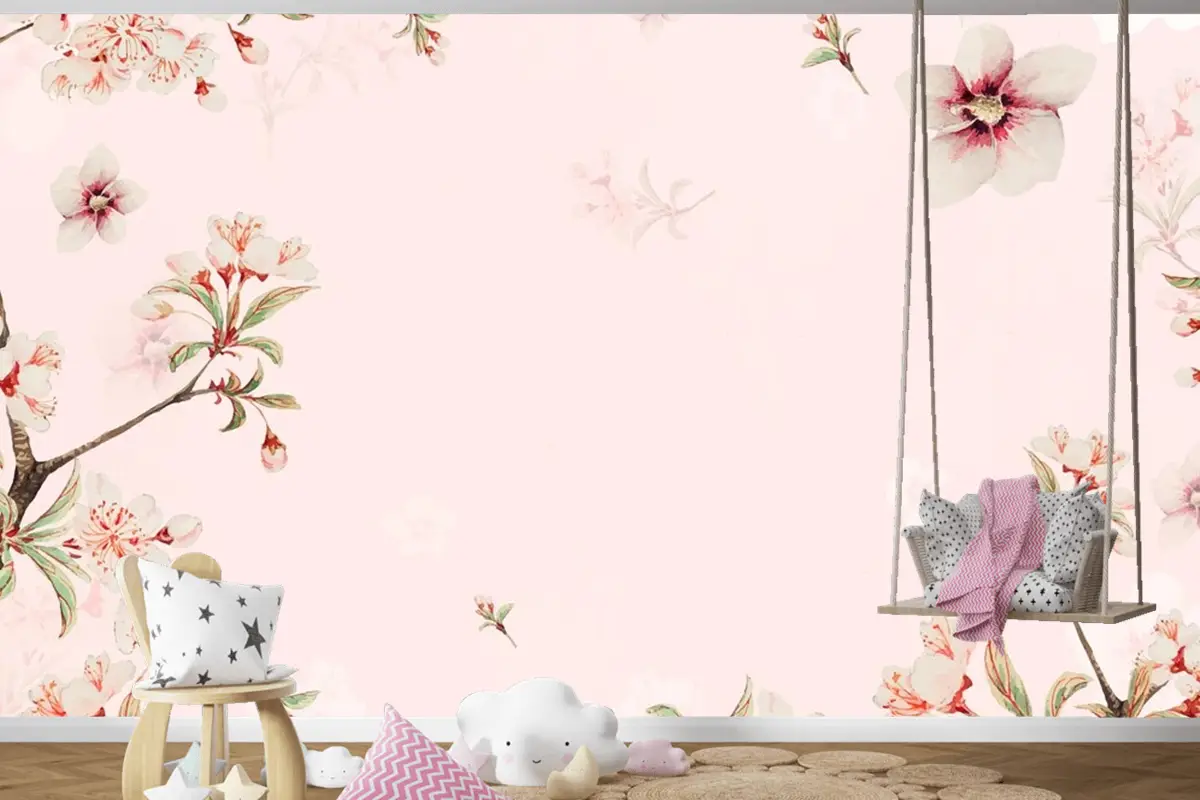 Vintage Japon Çiçek Arka Plan Şeftali Çiçekleri Çocuk Odası Duvar Kağıdı