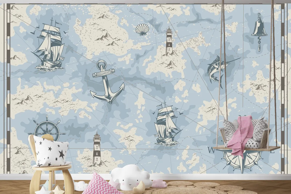 Vintage Denizcilik Eski Harita Çocuk Odası Duvar Kağıdı 